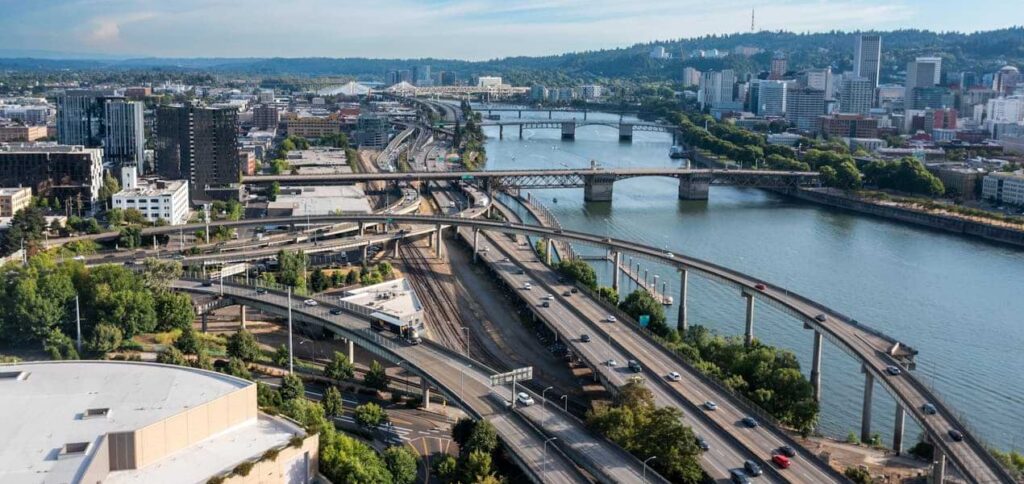 Aerial shot of portland oregon roadways