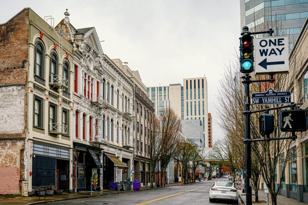 Portland Yamhill Historic District with walk sign